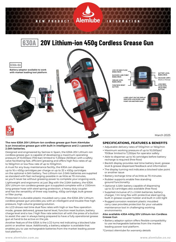 ALEMLUBE SAMOA LITHIUM-ION BATTERY CORDLESS GREASE GUN 630A